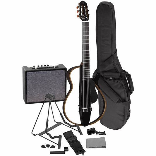 Yamaha SLG200N TBL Nylon String Silent Acoustic Electric Guitar Translucent Black with the Sawtooth 10W Electric Guitar Amplifier, Gig Bag, Stand, Tuner, Strap, Guitar Picks, String Winder and Polishing Cloth