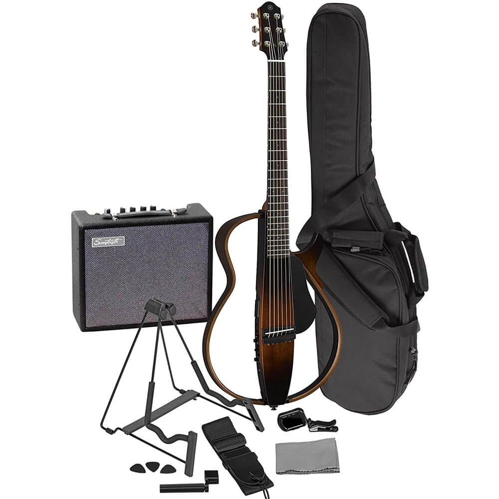 Yamaha SLG200S TBS Steel String Silent Acoustic Electric Guitar Tobacco Sunburst with the Sawtooth 10W Electric Guitar Amplifier, Gig Bag, Stand, Tuner, Strap, Guitar Picks, String Winder and Polishing Cloth