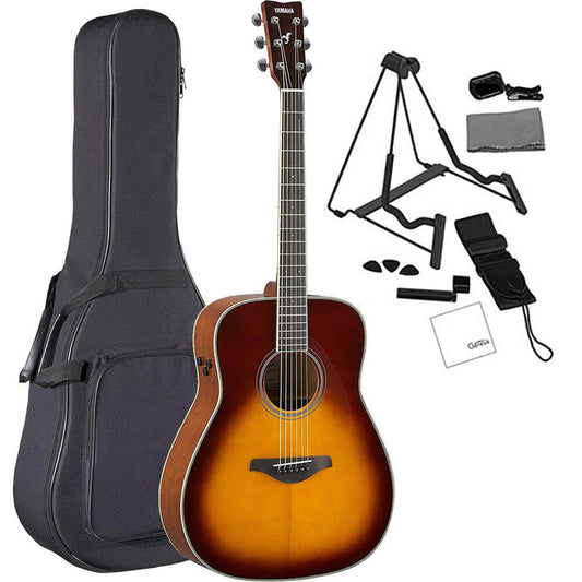 Yamaha FG-TA BS TransAcoustic Dreadnought Acoustic-Electric Guitar Brown Sunburst Bundled with FREE Premium Gig Bag, Stand, Tuner, Strap, Guitar Picks, String Winder and Polishing Cloth