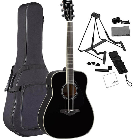 Yamaha FG-TA BL TransAcoustic Dreadnought Acoustic-Electric Guitar Black Bundled with FREE Premium Gig Bag, Stand, Tuner, Strap, Guitar Picks, String Winder and Polishing Cloth
