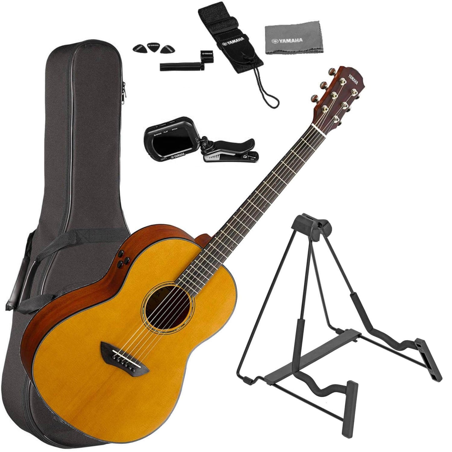 Yamaha CSF-TA TransAcoustic Parlor Acoustic-Electric Guitar Natural with Premium Guitar Case, Guitar Stand, Guitar Strap, Guitar Tuner, Guitar Picks, String Winder and Polishing Cloth