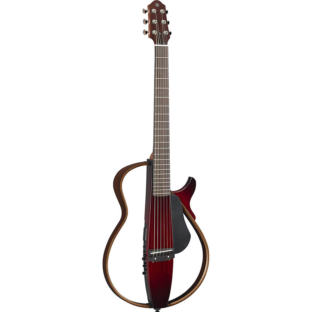 Yamaha SLG200S CRB Steel String Silent Acoustic Electric Guitar Crimson Red Burst Bundle with Sawtooth 10W Electric Guitar Amplifier, Gig Bag, Stand, Tuner, Strap, Guitar Picks, String Winder and Polishing Cloth