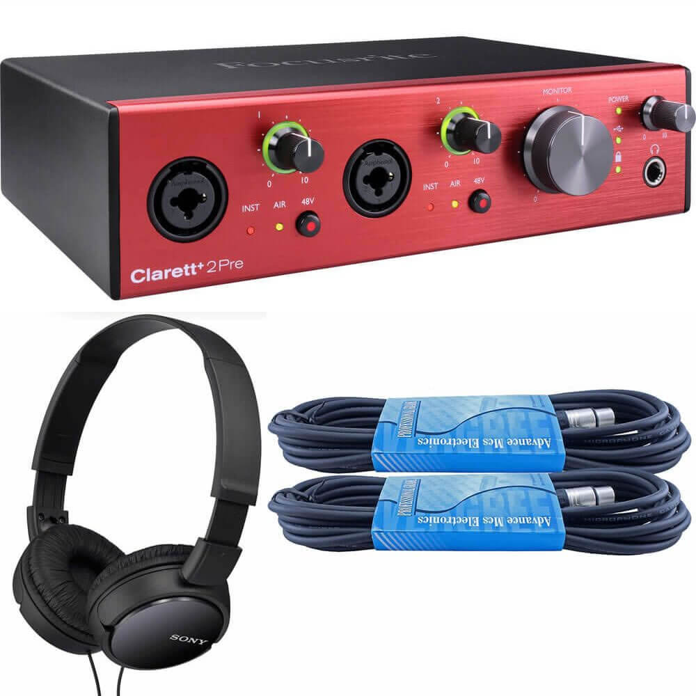 Focusrite Clarett 2Pre+ 10-In/4-Out USB-C Audio Interface Bundled with 2 x 15ft XLR Cables and On-Ear Stereo Headphones