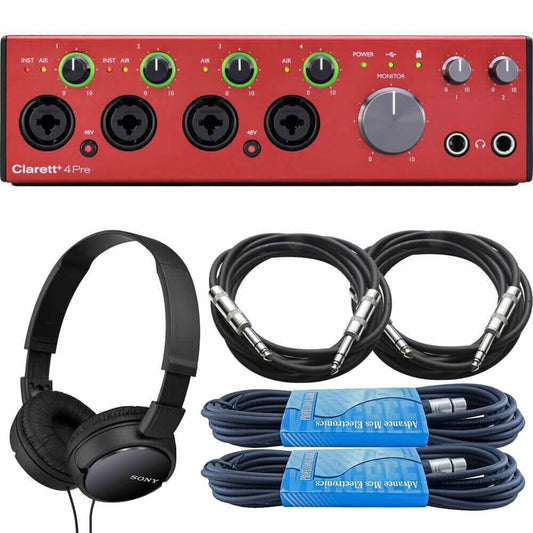 Focusrite Clarett 4Pre+ 18-In/8-Out USB-C Audio Interface Bundled with 2 x 15ft XLR Cables, 2 x 10ft TRS Cables and On-Ear Stereo Headphones